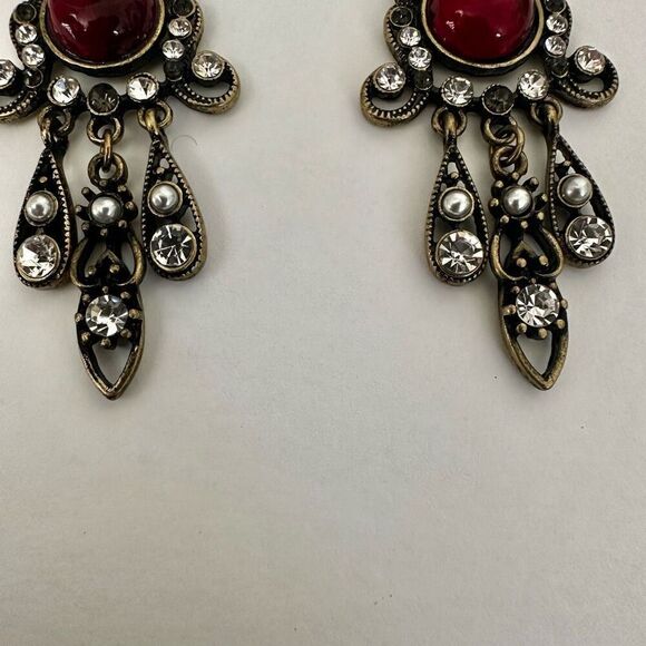 Red  faux pearl rhinestone long statement earrings - Picture 3 of 9